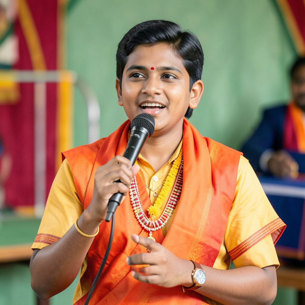 A student speaking at a podium during a school event, with a banner in the background. Warm indoor lighting, maroon and cream tones.